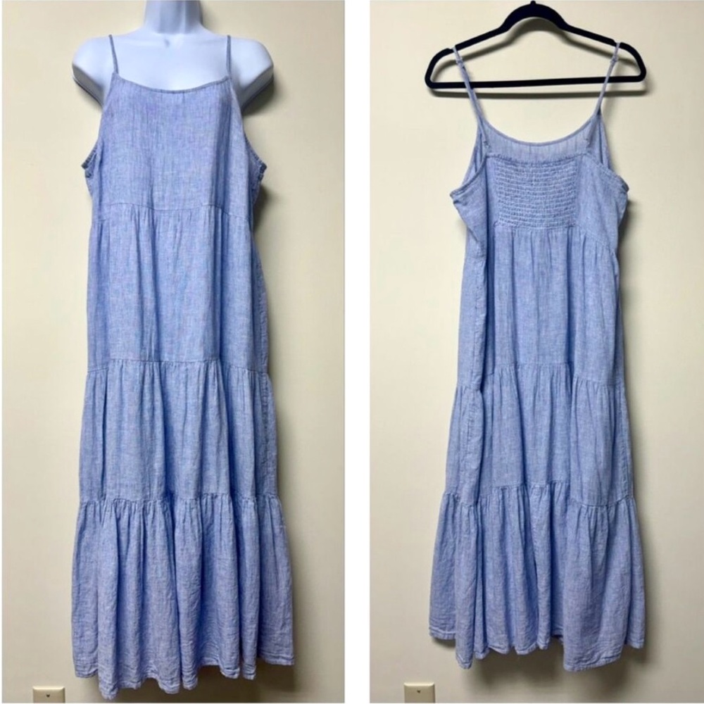 BEACH LUNCH LOUNGE Blue & White Pinstriped Linen Blend Tiered Midi Dress, Sz XXL